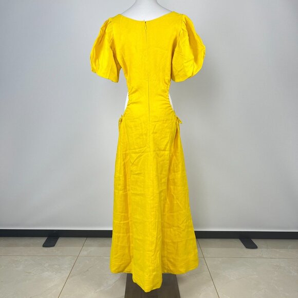 NWOT Farm Rio Linen Beads Puff-Sleeve Cutout Midi Dress Yellow Size M - Picture 6 of 12